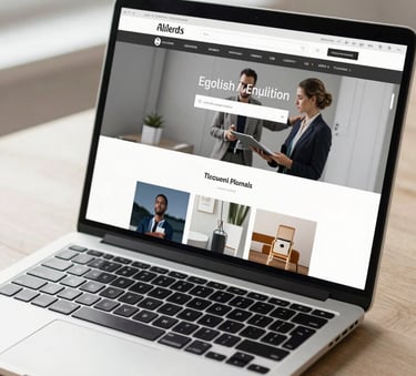 A close-up photograph of a sleek, modern laptop displaying a clean and professional website design, set in a bright, minimalist workspace with soft natural light, Global / English-speaking context.
