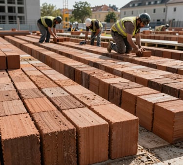 A construction site in a European city where professional builders are laying rows of traditional walnut brown clay bricks for a large-scale infrastructure project, bright daylight.