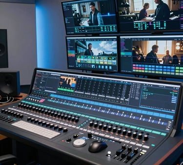 A sophisticated, high-end video editing suite in a modern London studio. Multiple screens display cinematic footage, with professional soundboards and backlighting in soft light blue and navy tones. The atmosphere is professional and innovative.