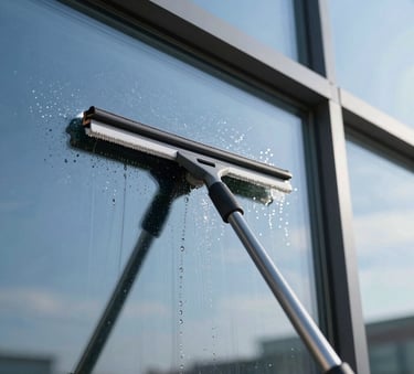 A close-up of a professional squeegee clearing water from a large glass window of a modern Central European building, reflecting a clear blue sky, demonstrating high-quality glass cleaning.