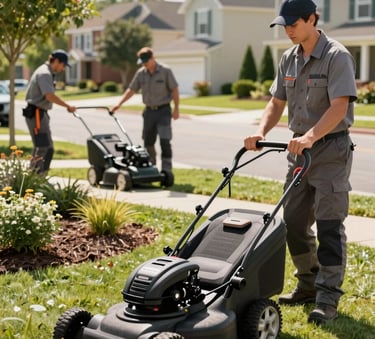 A team of professional landscapers in clean work uniforms performing yard maintenance in a North American / US residential neighborhood, bright sunny day, high-end lawn equipment.