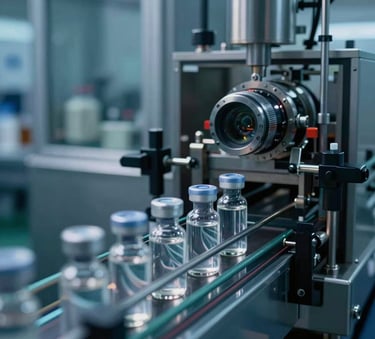 A close-up of a state-of-the-art pharmaceutical packaging line in a South Asian facility, with sterile glass vials moving along a conveyor belt. Lighting is sharp with Dark Blue and Steel Blue accents.
