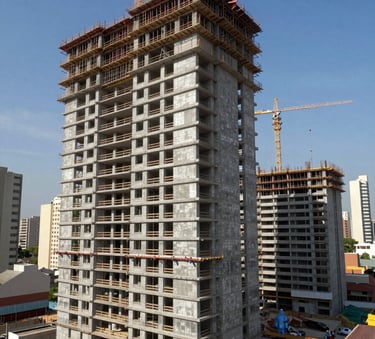 A wide shot of a modern construction project in a South American city under a clear blue sky, emphasizing precise architectural lines and professional engineering management, daylight photography.