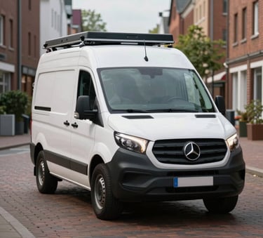 A professional pest control service van with modern equipment parked on a clean, brick-lined street in a residential district of Hamburg, soft natural lighting.