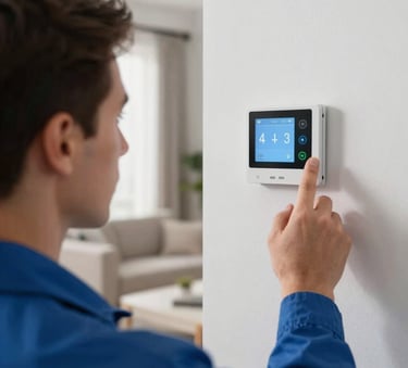 A close-up photograph of a professional HVAC tech inspecting a smart thermostat in a bright, modern North American / US living room. Focus on accuracy and modern climate technology.