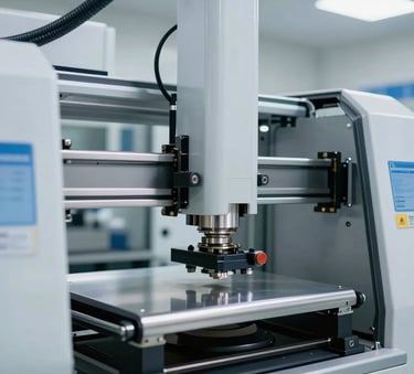 A high-speed pick and place SMT machine in a clean, modern Indian factory setting, bright industrial lighting, silver and white tones.