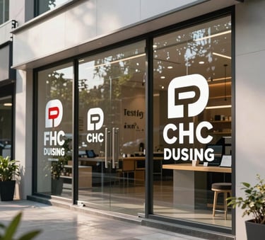 Modern storefront branding in a Southeast Asian / Indonesian commercial district, featuring high-quality vinyl stickers and sharp logo displays on glass, clean design, professional photography.