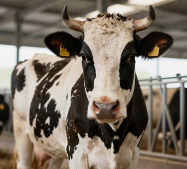 Detailed shot of a healthy dairy cow in a modern, clean barn, soft natural lighting emphasizing the animal's quality and the clean environment, high-end agricultural photography style using the #A79B8F and #F6F4F1 palette tones.