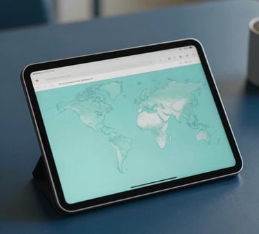 Photography of a digital tablet showcasing a clean and user-friendly interface design, set on a dark blue desk in a modern office, International / Global, soft studio lighting, teal and medium blue color palette.