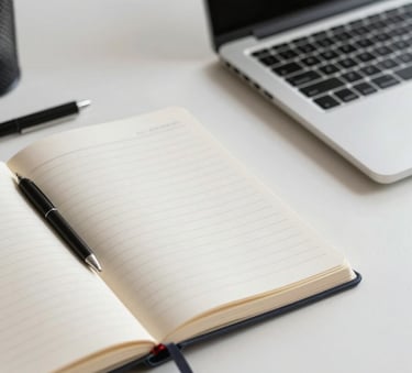 Close up photography of a notebook and a laptop on a clean white desk in a modern Iraqi workspace, soft natural lighting, minimalist style.