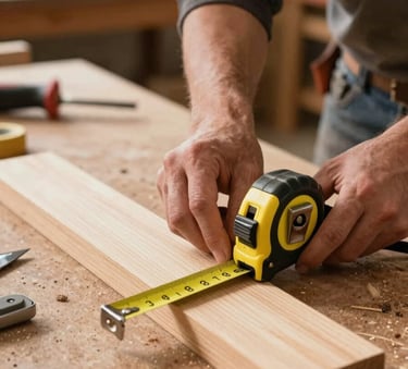 A detailed photograph of a carpenter's hands measuring a piece of lumber with a tape measure on a workbench, surrounded by hand tools, warm natural light, professional carpentry workshop in the North American / Pacific Northwest US.