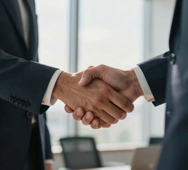 A close-up of a professional handshake between two businesspeople in a bright, modern South American office, soft sunlight coming through the window, professional attire, atmosphere of trust and partnership.