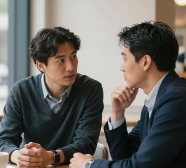 Two professionals engaged in a thoughtful mentorship conversation in a modern North American cafe setting. The focus is on their engaged expressions and collaborative energy, with a blurred background of off-white and muted blue architectural details.