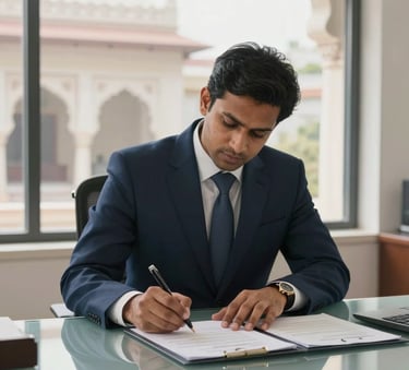 A professional South Asian man in a sharp navy suit signing formal business contracts on a glass desk in a bright, modern office with Indian architectural details through the window.