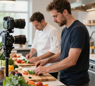 Behind-the-scenes photography of a creative director shooting high-quality video of a chef at work in a bright, modern North American restaurant, focusing on the vibrant colors of fresh produce.