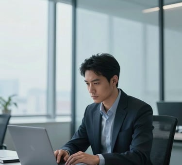 A sophisticated media professional working in a modern office with mist white walls and large glass windows. They are looking at a sleek laptop. The scene is lit with professional, soft studio lighting in tones of steel blue.