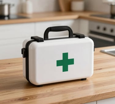 Detailed close-up of a professional first-aid kit with sleek, minimalist branding, placed on a clean wooden kitchen counter in a bright British home, professional photography.
