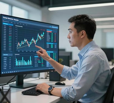 A professional Central Asian / Kazakhstani analyst in a modern office, interacting with a futuristic digital interface showing financial predictive dashboards, cinematic blue and white lighting, enterprise-grade atmosphere.