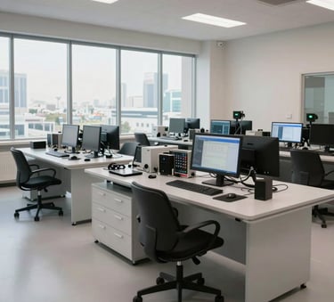 A wide shot of a modern and clean technical service center in Dubai with professional testing benches, high-end electronics, and soft daylight filtering through large windows.