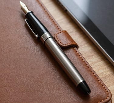 A close-up of a high-end fountain pen resting on a leather-bound notebook next to a modern tablet. Soft, warm lighting highlighting textures of leather and metal. Professional desk setting in North American / US.
