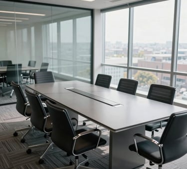 A high-angle photograph of a modern North American / US conference room with clean glass walls, a polished grey table, and soft morning light, evoking an atmosphere of professional security and modern organization.