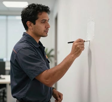 A professional maintenance technician in a clean uniform carefully painting a wall in a bright, modern North American / Mexican corporate office setting.