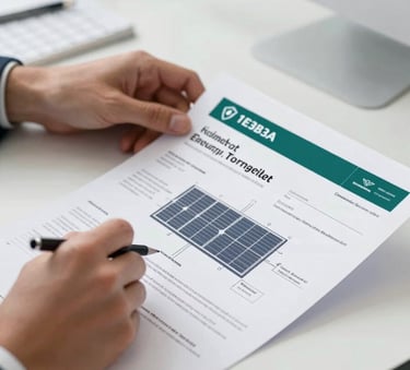 Close up of an expert's hands reviewing architectural energy certificates and solar panel technical drawings on a modern desk. Sharp focus, professional lighting, incorporating brand colors #1E3B3A and #4C6F6F for an authoritative mood.
