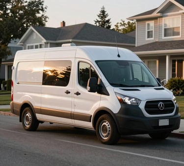A professional electrical service van with modern branding parked on a quiet residential street in a North American / US neighborhood during the day, golden sand sunlight reflecting off the windows.