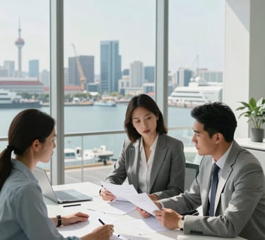 A sophisticated meeting in a bright, modern office with floor-to-ceiling windows overlooking a busy commercial harbor. Two professionals in elegant business attire are reviewing documents on a sleek table. Professional lighting, minimalist style, Lusophone Internacional context, colors of Mist White and Soft Steel Blue.