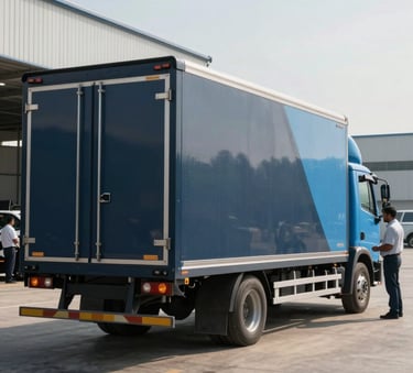 A premium enclosed car carrier trailer parked in a modern South Asian / Indian logistics hub during the daytime, with professional staff nearby. The scene is clean and efficient, featuring Deep Charcoal Blue and Soft Sky Blue accents on the vehicle.