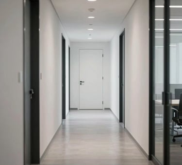 Close up of a clean, minimalist office hallway in Germany, soft professional lighting, reflecting high quality and efficiency.
