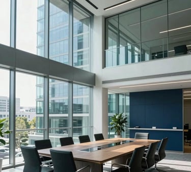 A wide-angle professional shot of a modern glass-walled boardroom in a Global Business financial center. The room is decorated with accents in muted teal and deep navy blue, with bright cool white natural light illuminating the space.