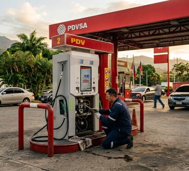 Técnico de Petrosur C.A. realizando mantenimiento y reparación de surtidor dispensador en estación d