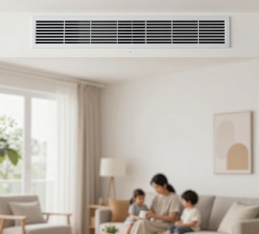 A bright and airy living room showing a clean air vent and a comfortable family atmosphere. The composition emphasizes indoor comfort and air quality, with soft daylight and brand colors #DBE3E7 integrated into the decor.