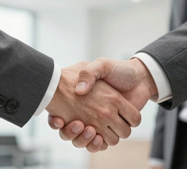 Close up of two hands in a firm, professional handshake in a brightly lit, modern corporate environment. The composition focuses on the gesture of agreement and trust. Soft lighting, sophisticated atmosphere, incorporating subtle tones of #B8A1A1 and #F0EAD6.