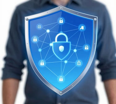 A conceptual digital illustration of a glowing blue shield (#60A5FA) overlaying a network diagram, representing cybersecurity and firewall protection, professional tech style.