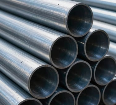 A close-up photograph of heavy-duty industrial steel pipes stacked neatly in an industrial storage facility, featuring a metallic sheen and cool steel blue lighting, Global / Industrial B2B style, focused on durability and precision.