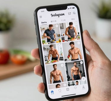 A close-up shot of a smartphone held in a hand, displaying a clean, professional Instagram feed featuring fitness and healthy food content. The lighting is warm and confident, with the background blurred in shades of deep green (#1A4D2E).