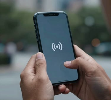 A close-up of a person's hands holding a high-end smartphone with a clear signal icon in a North American / US urban park setting, featuring slate blue and soft blue tones in the background.