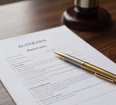 A close-up shot of an Australian legal document and a golden pen resting on a dark wood table, with soft light from a nearby window creating a professional atmosphere.