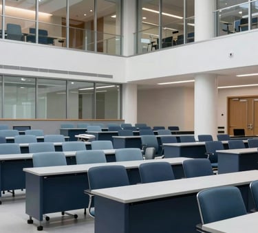A crisp, professional wide shot of a modern North American / US university lecture hall or study space, featuring clean lines, glass walls, and mist blue and deep navy furniture tones. The lighting is bright and purposeful.