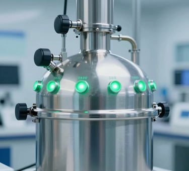 A close-up of a high-tech bioreactor used for renewable fuel production, featuring sleek metallic surfaces and green glowing indicators, set in a clean industrial lab using #1B3A32 and #4F7E6B tones.