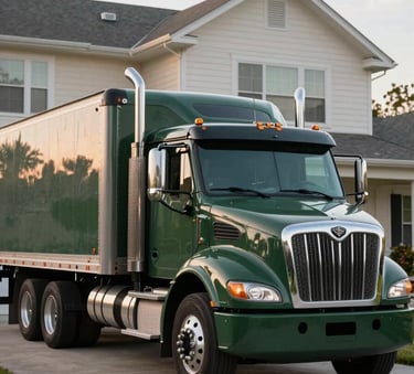 A professional truck and trailer parked on a North American driveway. The equipment is clean and finished in dark green. Soft lighting reflects off the ivory house exterior.