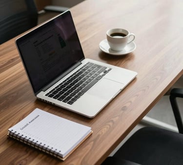 A high-angle shot of a modern, organized workstation in a South American / Brazilian corporate office. A clean desk with a sleek laptop, a planner, and a cup of coffee, illuminated by soft natural light hitting polished wood surfaces.