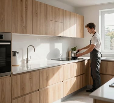 A spotless, modern kitchen with light wood accents and white countertops in a Hillegom residence, gleaming after a deep clean by professionals, bright natural light, Northern European style.