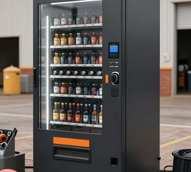 A robust, weather-resistant smart vending machine located in a large industrial outdoor area in Oceania / Australian. The machine is black with charcoal grey accents and orange branding. Hard hats and industrial tools are visible in the foreground.