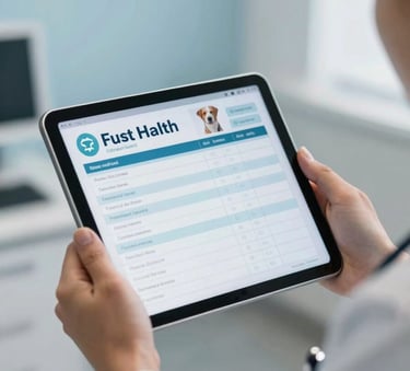 A veterinarian's hands holding a digital tablet showing pet health records and charts in a professional Latin American / Spanish office, with soft sky blue accents in the background.