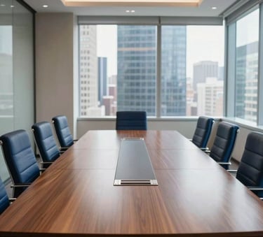 A clean, wide-angle shot of a high-end corporate boardroom in a North American city, featuring a polished wooden table and deep blue accents, natural light coming through floor-to-ceiling windows, professional photography style.