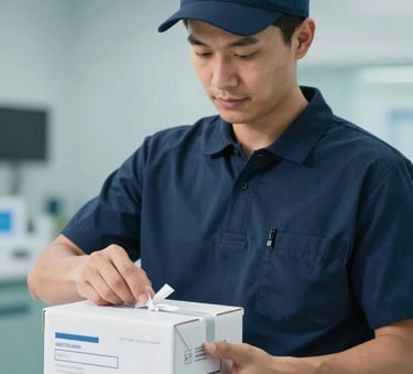 A close-up of a professional courier in a navy uniform securely sealing a medical transport container. Clean, professional lighting, modern medical facility background with shades of #3B6B7C and #F5F8FA.