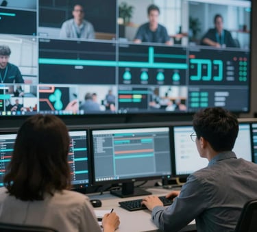 A sophisticated broadcast control room with large monitors showing live stream analytics and video feeds, lit with cool blue and teal accents from the palette #2E4F4F and #0F172A.